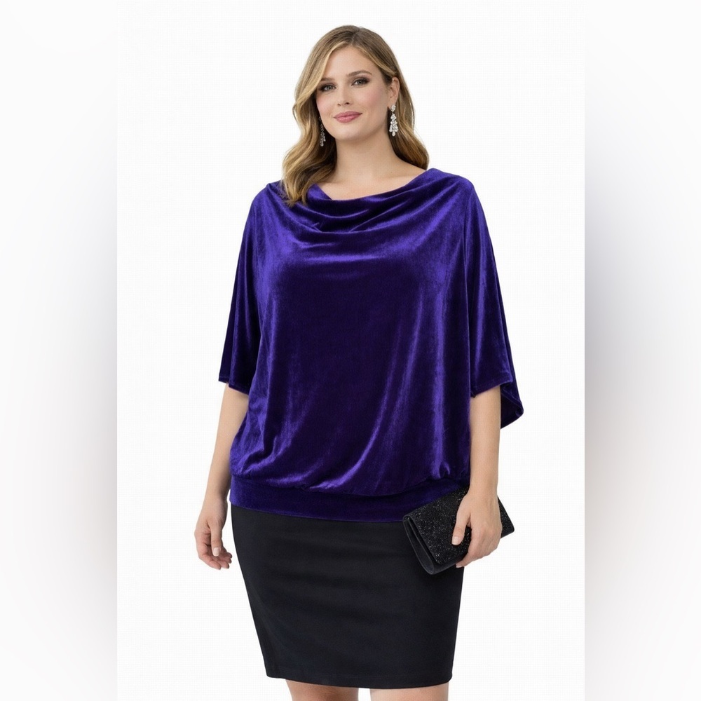 NWT: For Cynthia Velour Drape Cowl Neck Regency Tunic - 2X - Deep Purple